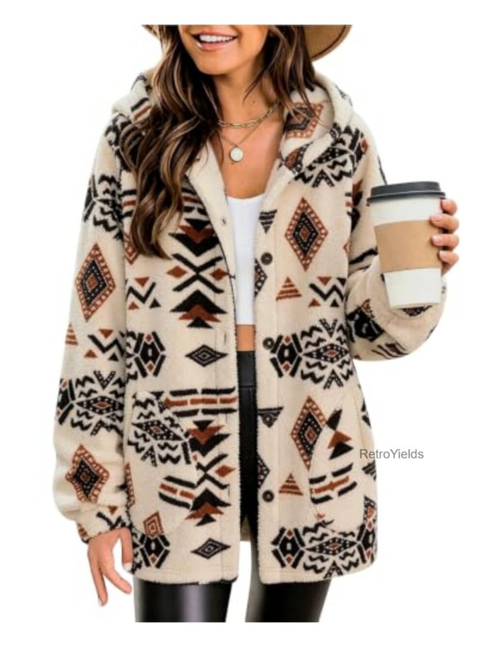 Aztec Print Fleece Hoodie Jacket Button Down Sherpa Shacket